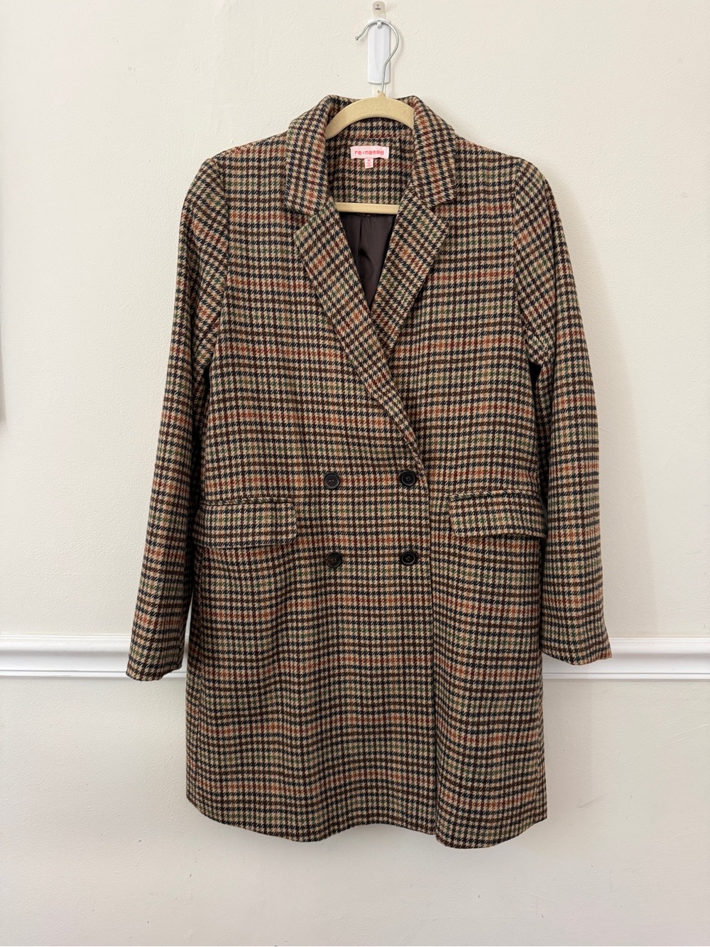 re:named Brown Houndstooth Double-Breasted Peacoat size M